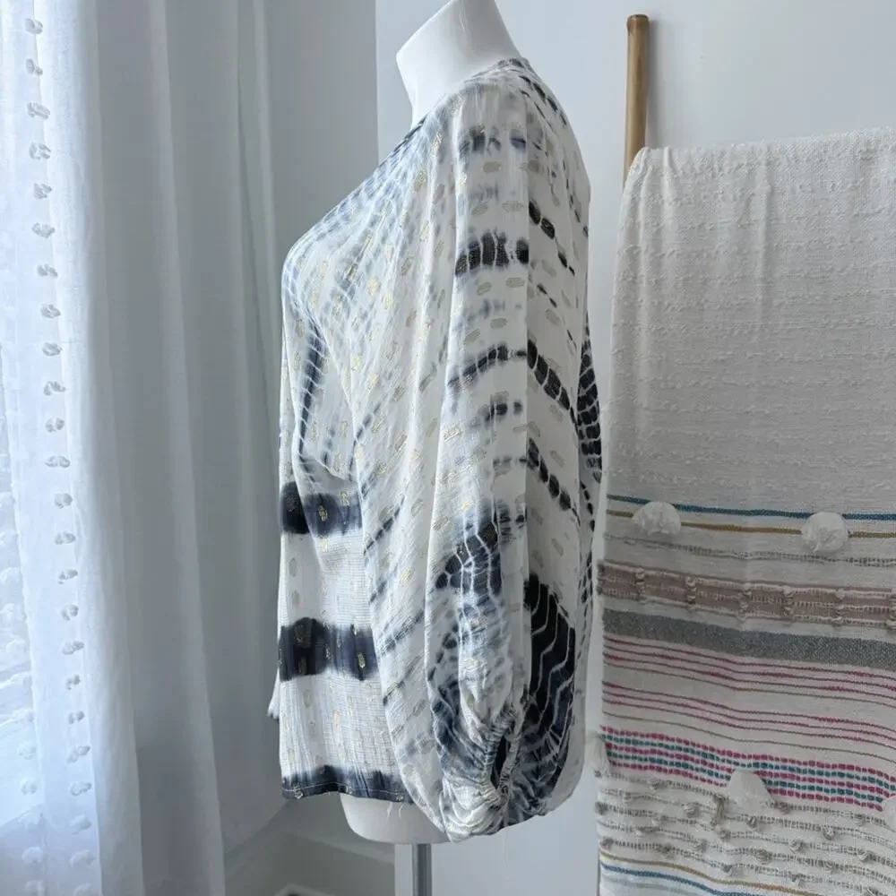 Anthropologie Vada White Blue Gold Shimmer Cocoon Kimono Women’s One Size - Picture 6 of 12